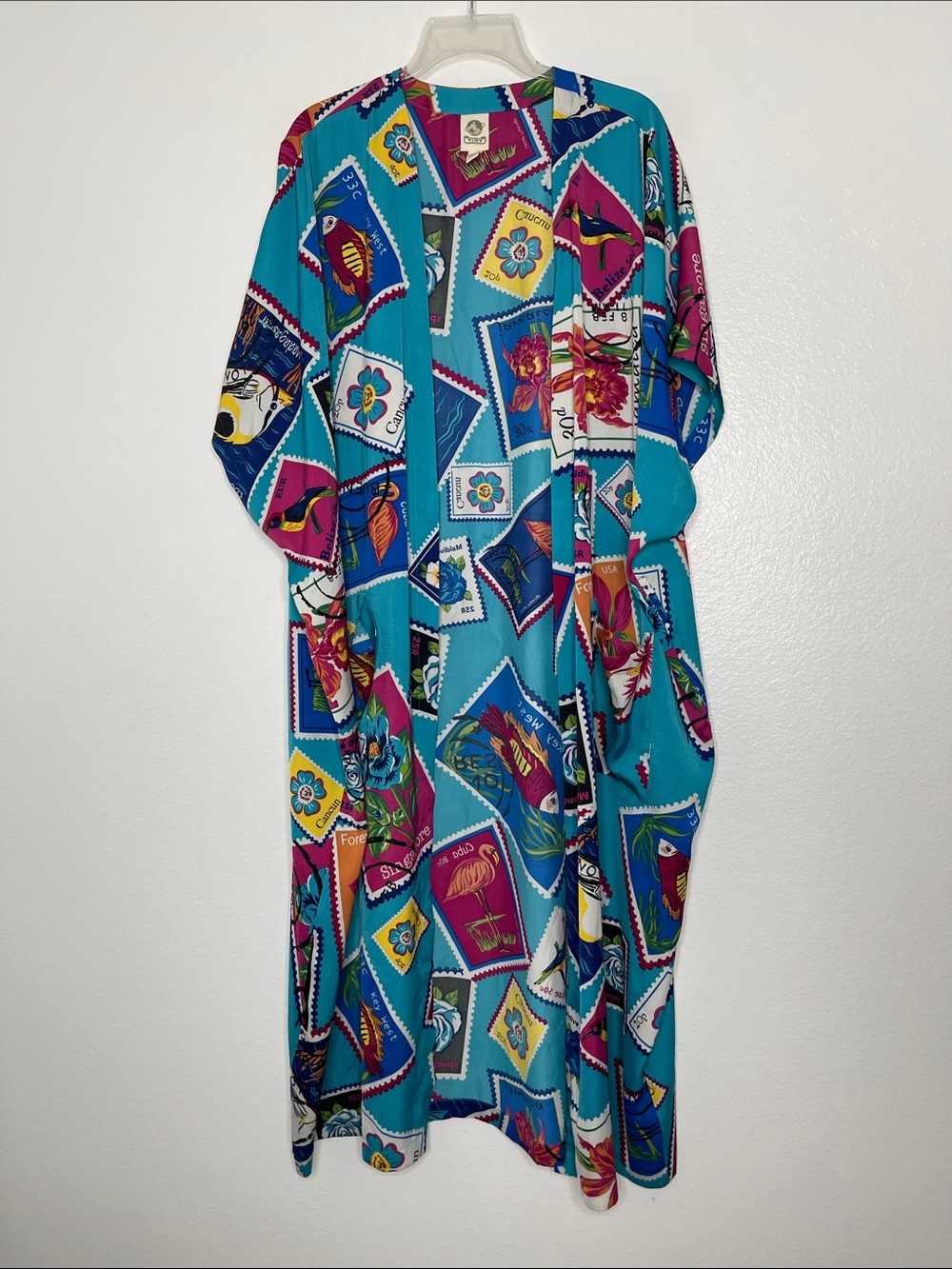 Anthropologie Tiny Postcard Stamp Print Caftan Beach Cover Up Robe Medium *Read*
